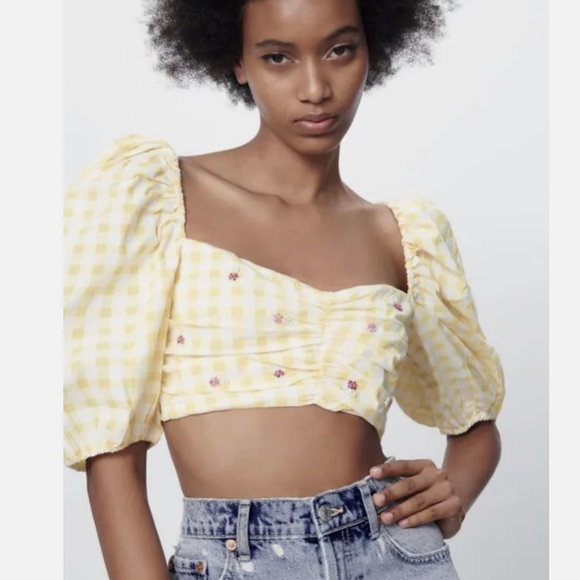 Zara limited edition back open embroidered gingham print crop top - Picture 2 of 6